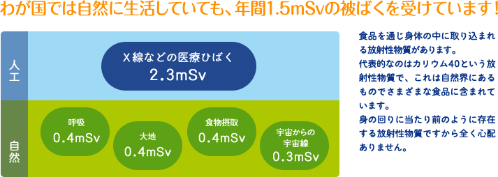 わが国では自然に生活していても、年間1.5mSvの被ばくを受けています！